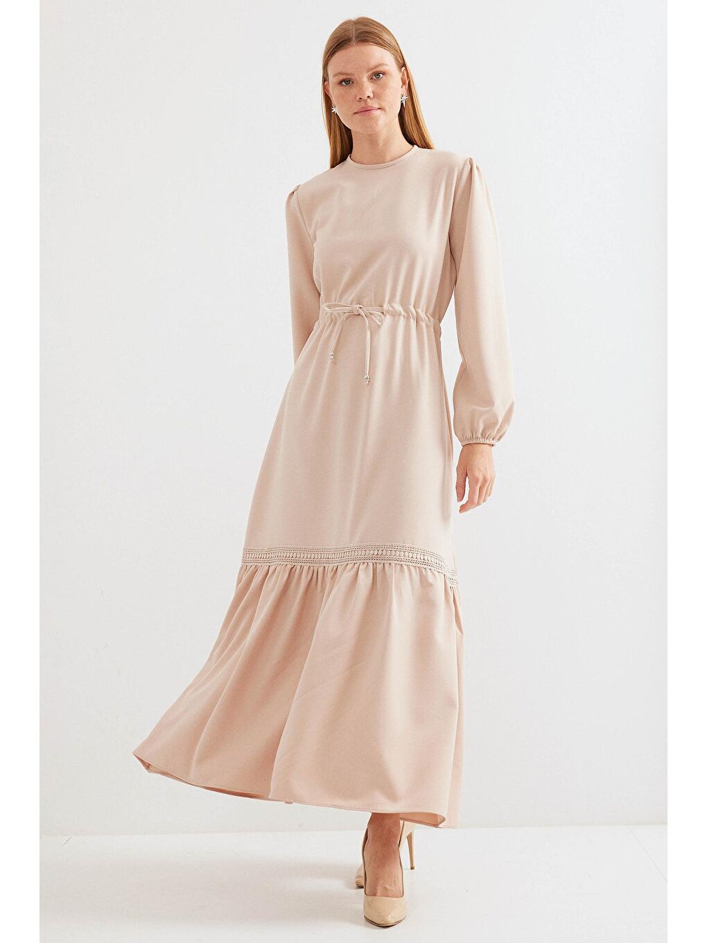 Ekru 2483 Uzun Boydan Elbise - Krem-2