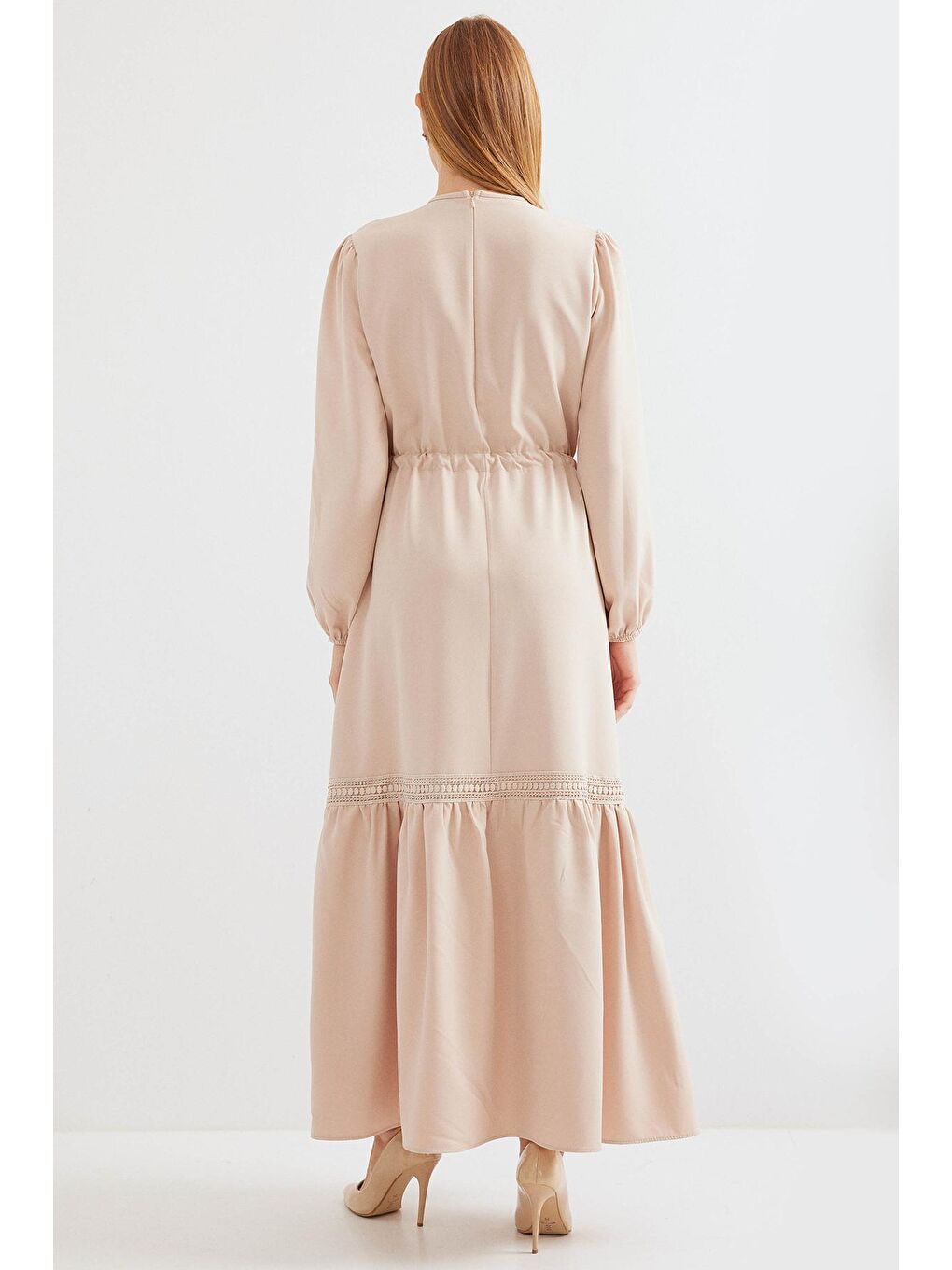 Ekru 2483 Uzun Boydan Elbise - Krem-4