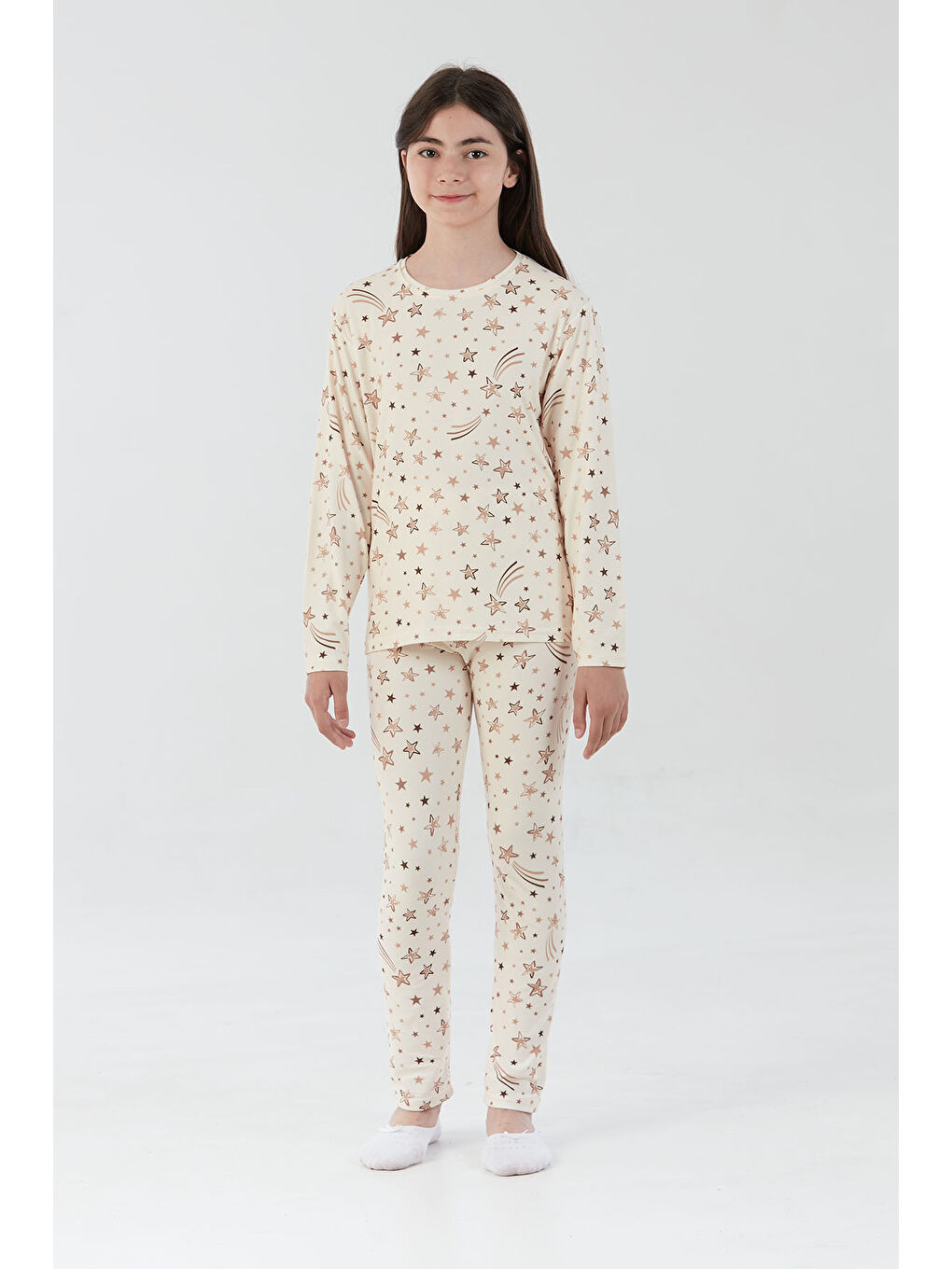 Bej Yıldız Desenli Süet Kız Çocuk Pijama Takımı-2