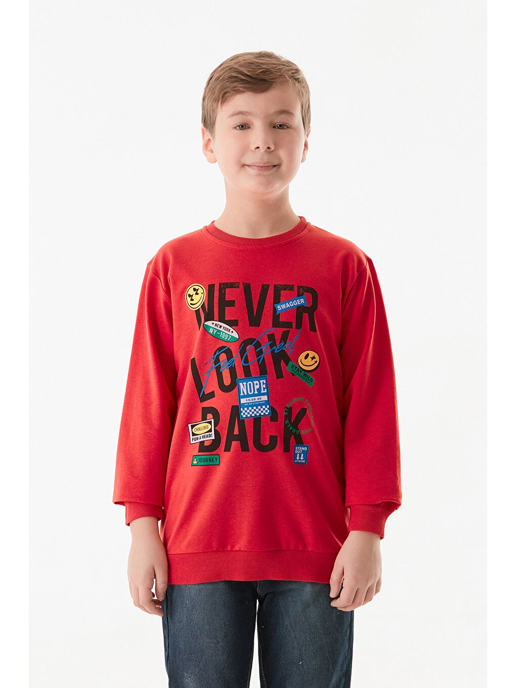Kırmızı Never Look Back Yazı Baskılı Bisiklet Yaka Erkek Çocuk Sweatshirt