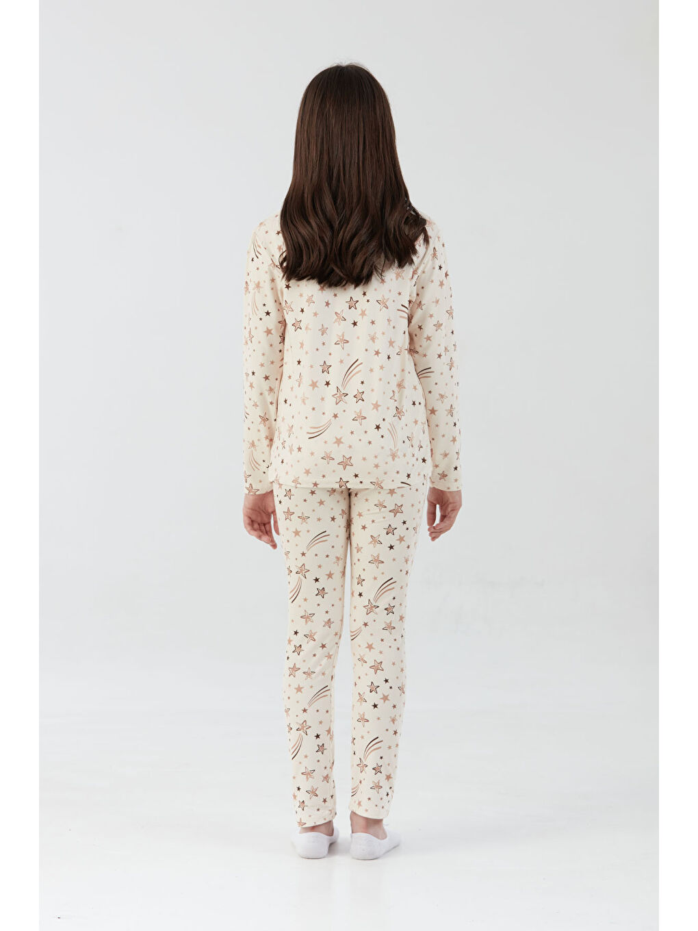 Bej Yıldız Desenli Süet Kız Çocuk Pijama Takımı-4