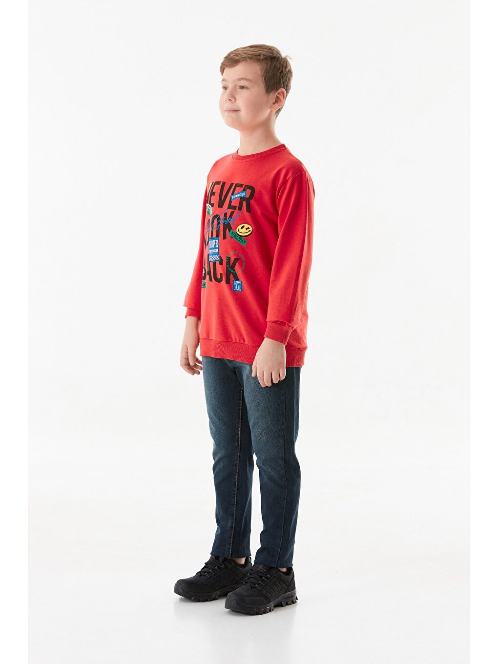 Kırmızı Never Look Back Yazı Baskılı Bisiklet Yaka Erkek Çocuk Sweatshirt-1