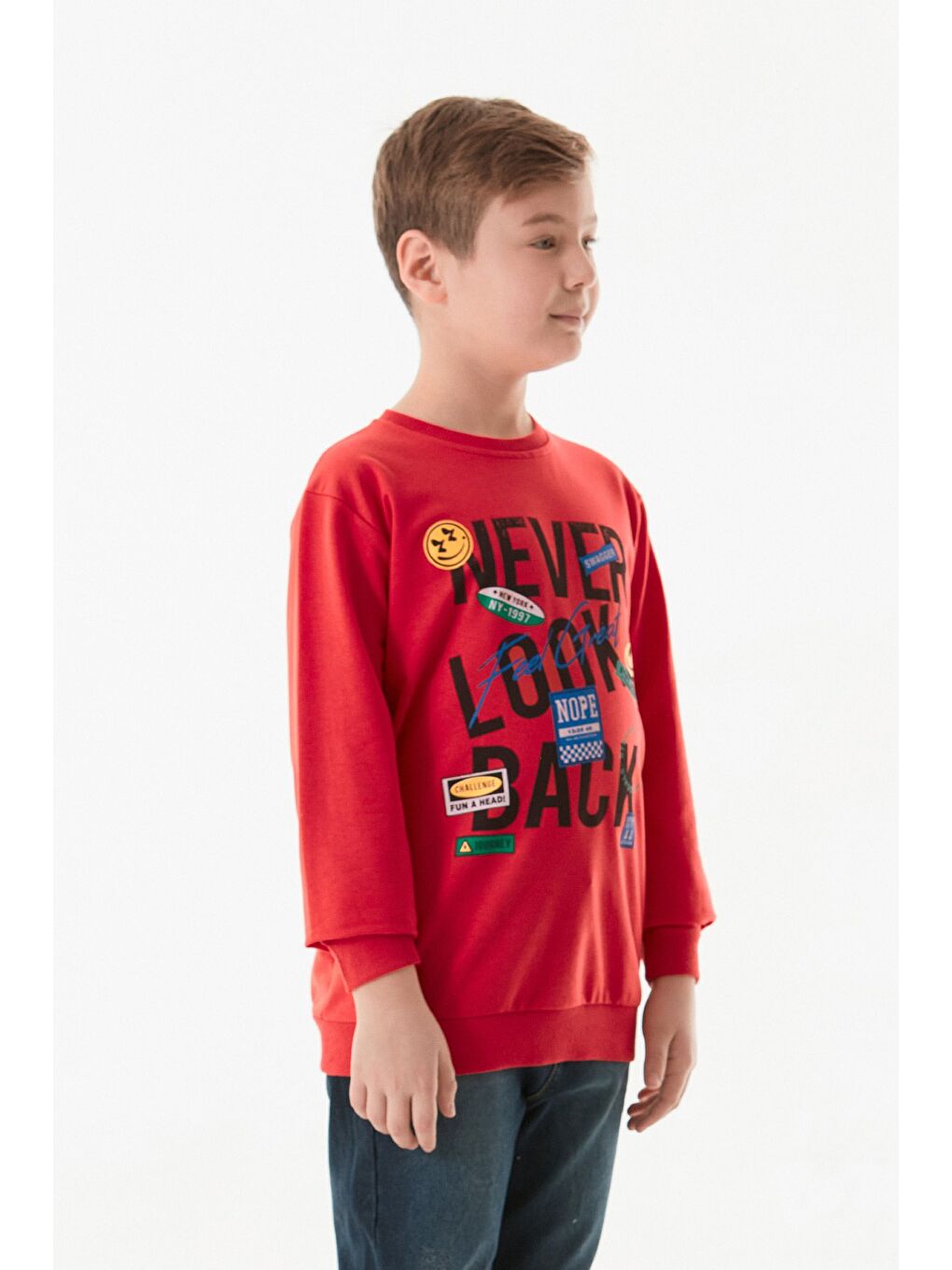 Kırmızı Never Look Back Yazı Baskılı Bisiklet Yaka Erkek Çocuk Sweatshirt-2