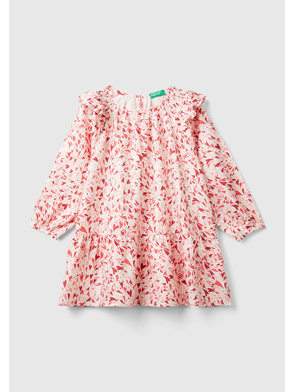 Kız Çocuk Pembe Mix Tamamı Desenli Yakası Fırfır Detaylı Uzun Kollu Elbise