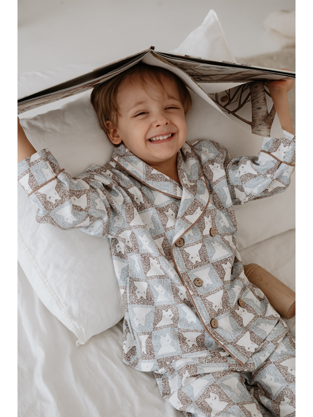 Mavi Kedi Desenli Yaka Detaylı Pijama Üst-1