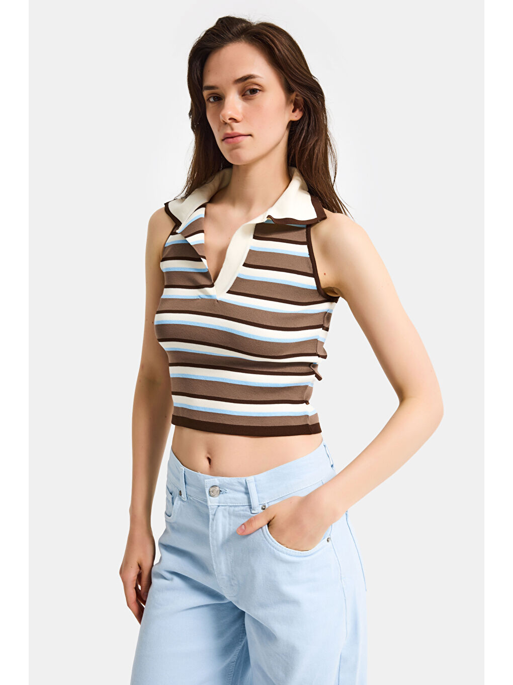 Kadın Mavi Kahve s6-103 Crop Fit Polo Yaka İnce Yazlık Triko Body-2