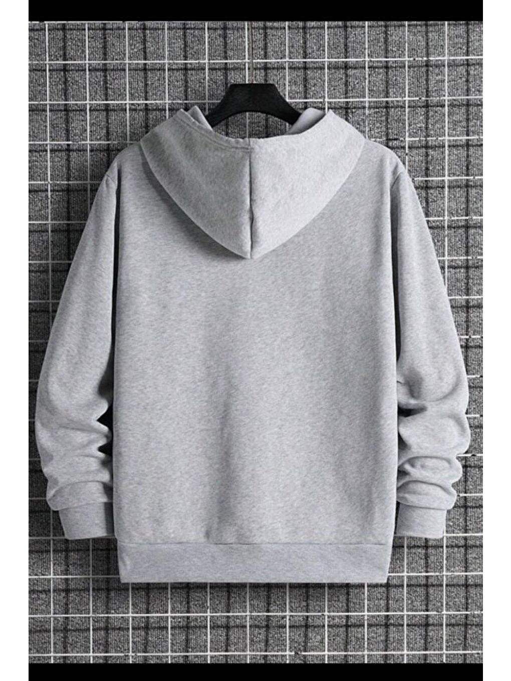 Oksit Gri Düz Basic Pamuklu Unisex Kapüşonlu Sweatshirt - 1