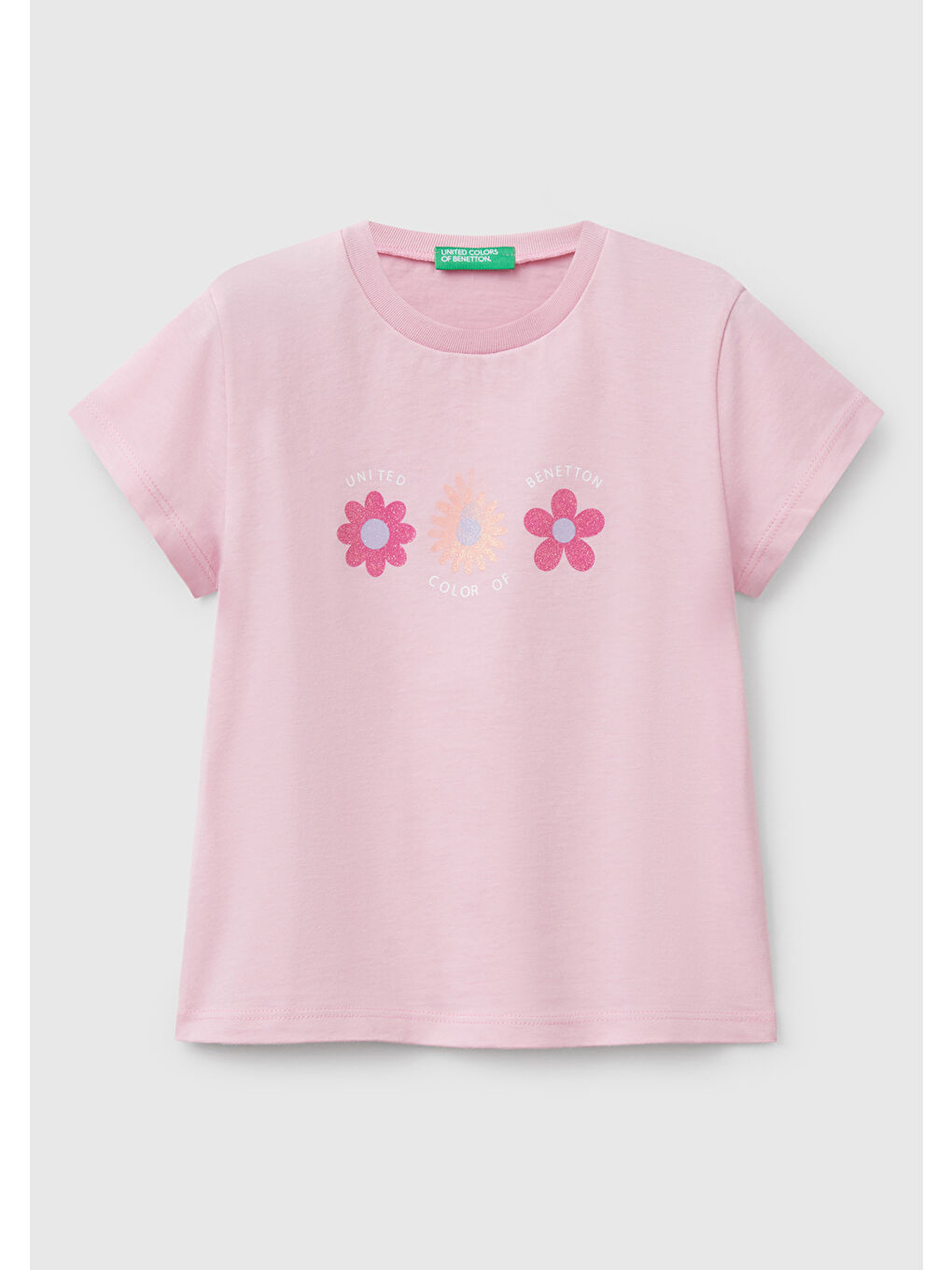 Kız Çocuk Pembe Simli Benetton Logo Baskılı Tişört
