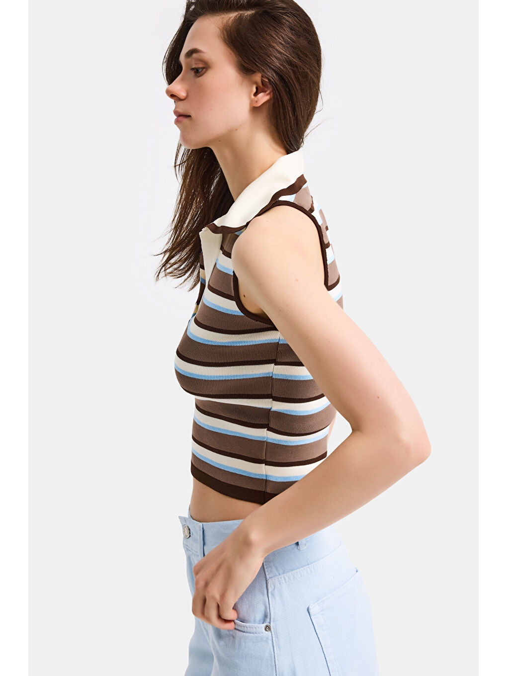 Kadın Mavi Kahve s6-103 Crop Fit Polo Yaka İnce Yazlık Triko Body-5