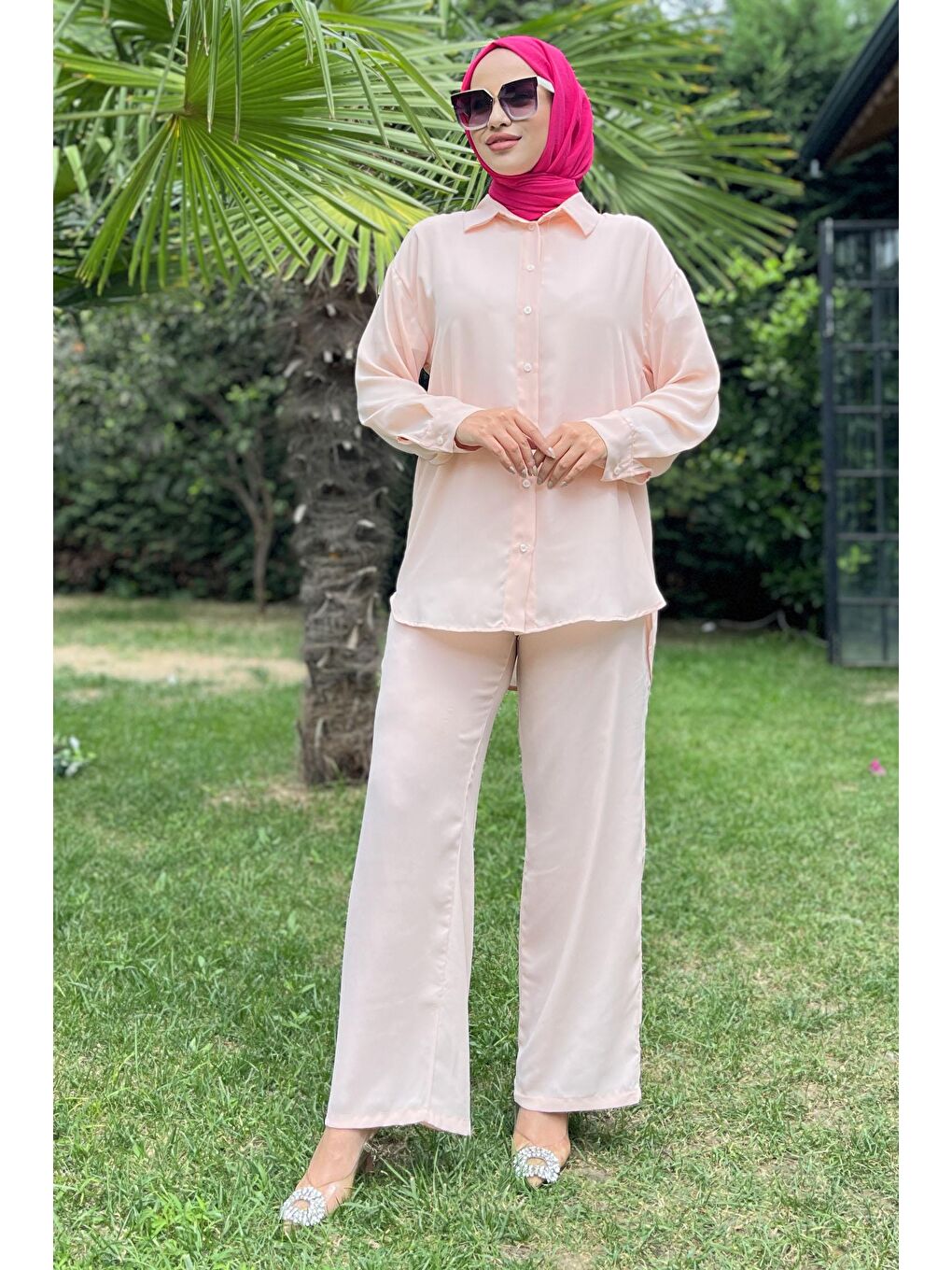 TOFİSA Pembe Düz Gömlek Yaka Kadın Pembe Tunik+Pantolon - 11339 - 1