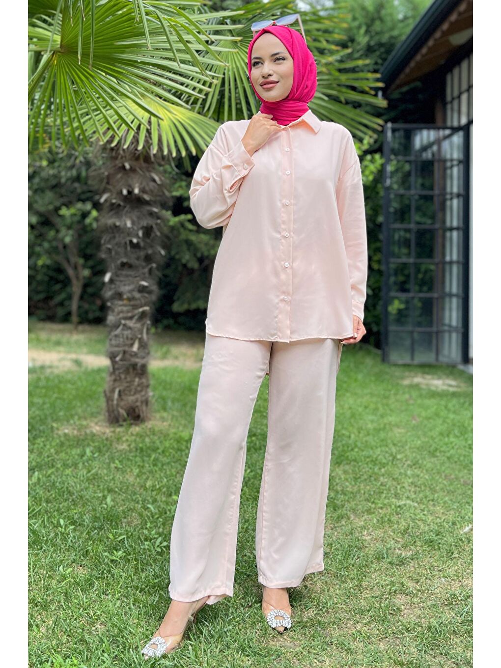 TOFİSA Pembe Düz Gömlek Yaka Kadın Pembe Tunik+Pantolon - 11339 - 2