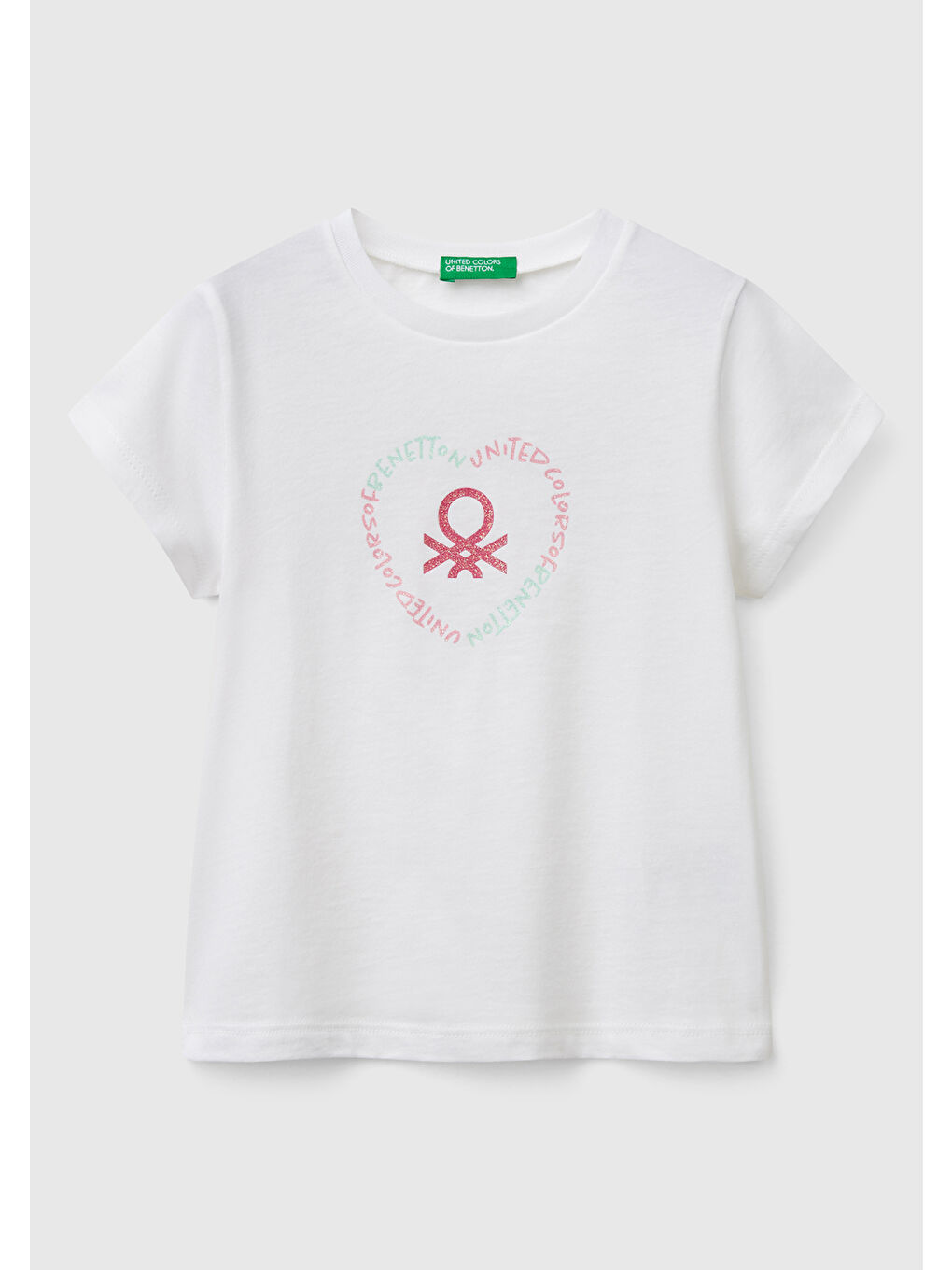 Kız Çocuk Beyaz Simli Benetton Logo Baskılı Tişört