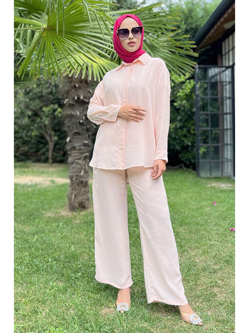 TOFİSA Pembe Düz Gömlek Yaka Kadın Pembe Tunik+Pantolon - 11339 - 4