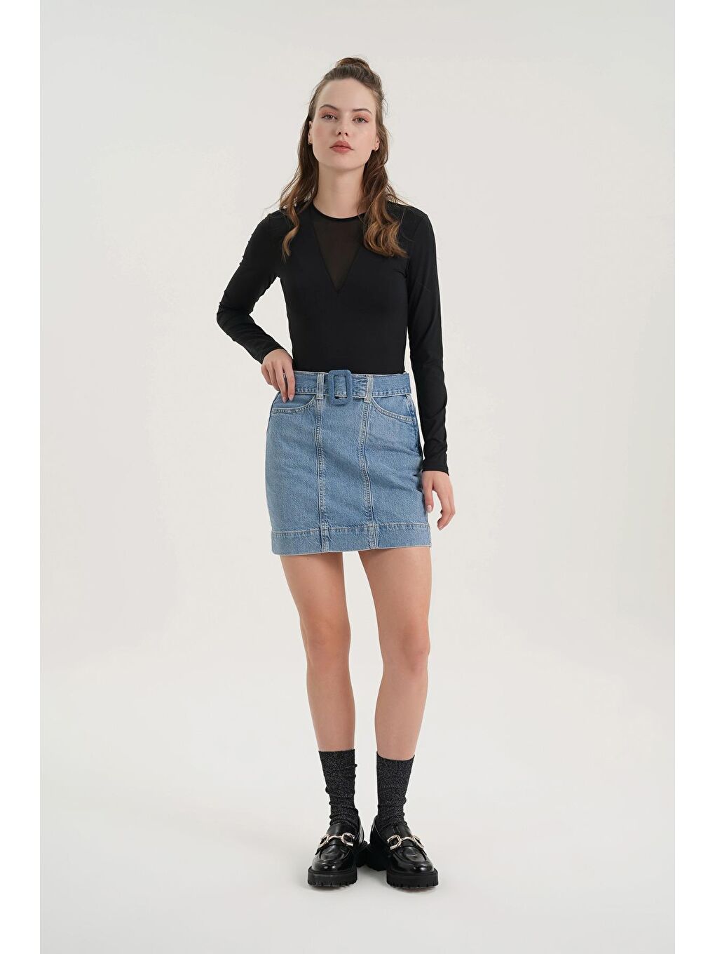 Cross Jeans Açık Mavi Yüksek Bel Kemer Detaylı Jean Etek C 4532-034
