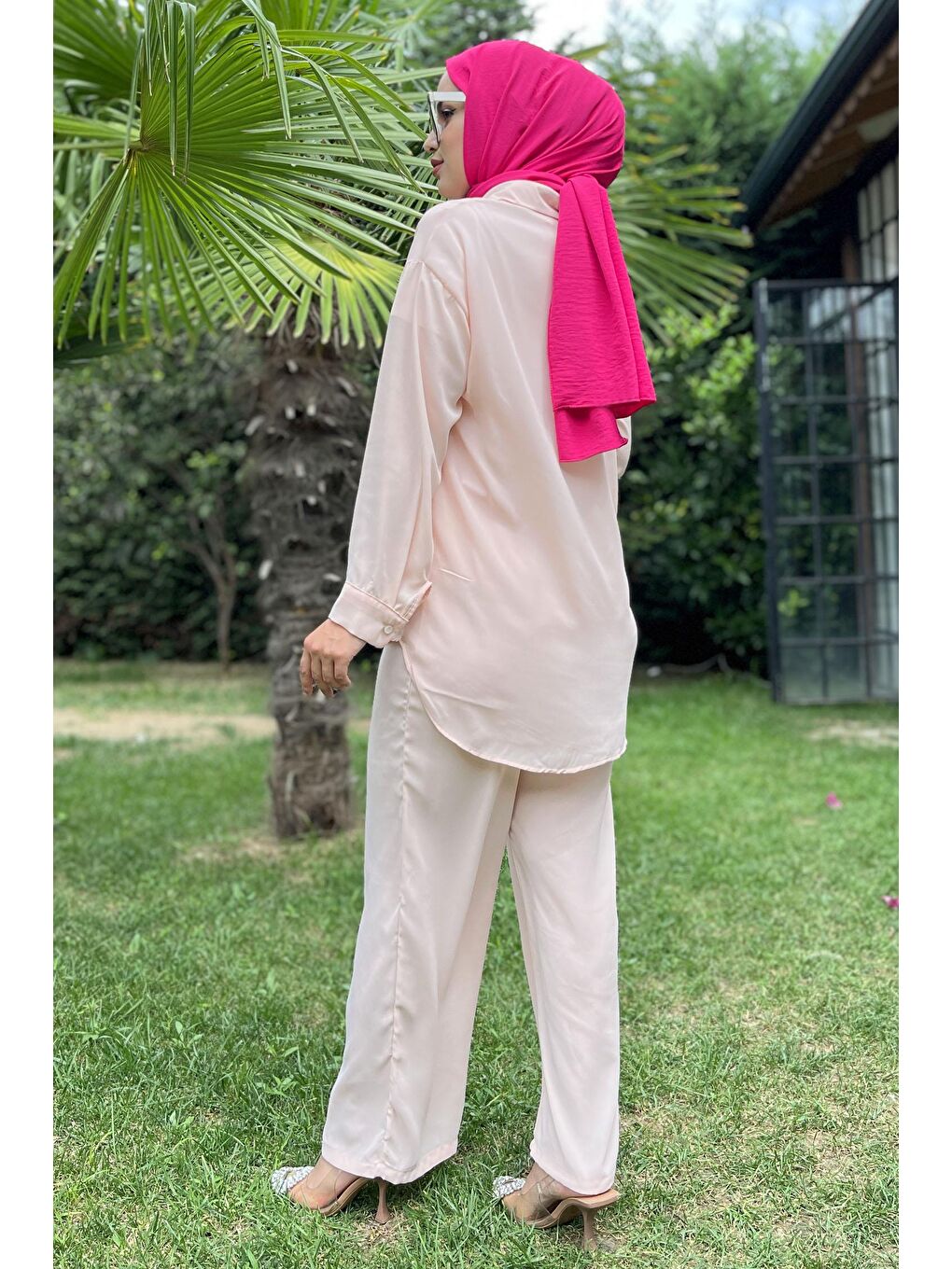 TOFİSA Pembe Düz Gömlek Yaka Kadın Pembe Tunik+Pantolon - 11339 - 5