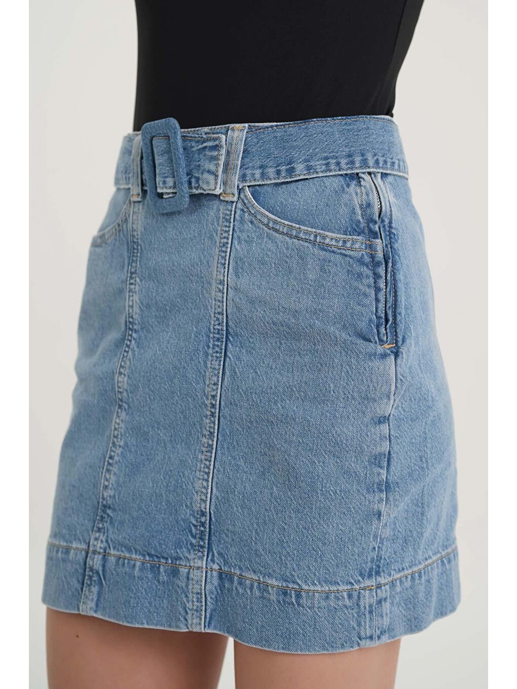 Cross Jeans Açık Mavi Yüksek Bel Kemer Detaylı Jean Etek C 4532-034 - 4