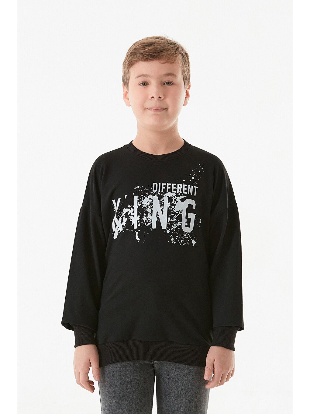 Siyah Kıng Baskılı Bisiklet Yaka Erkek Çocuk Sweatshirt