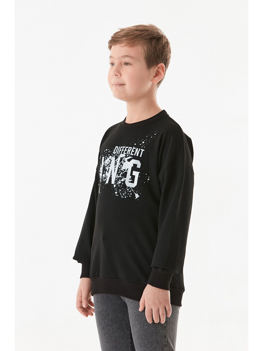 Siyah Kıng Baskılı Bisiklet Yaka Erkek Çocuk Sweatshirt-1