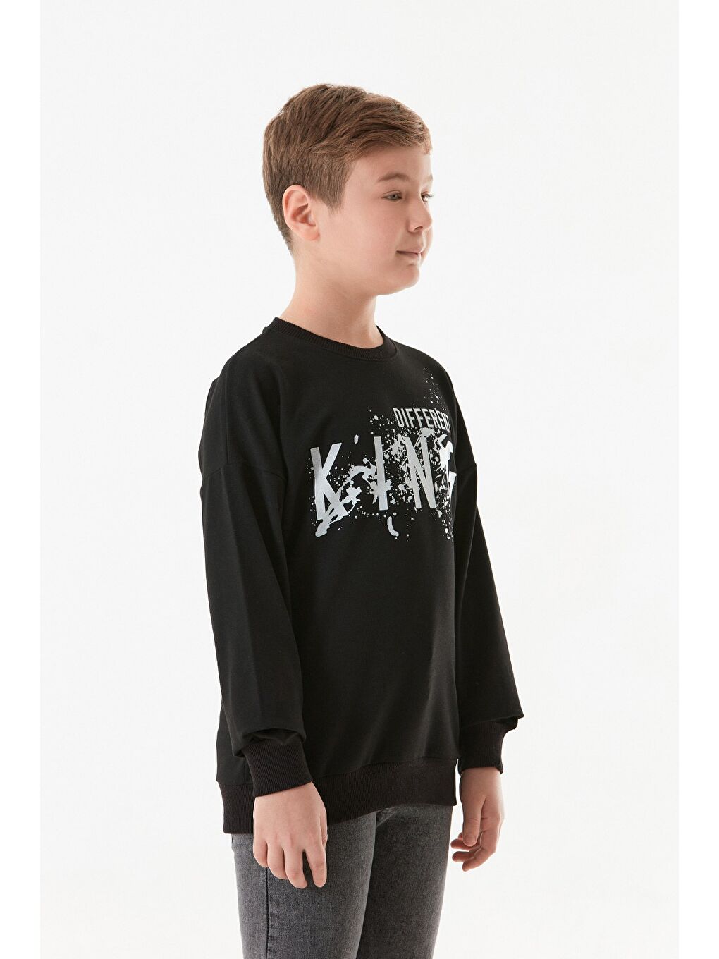 Siyah Kıng Baskılı Bisiklet Yaka Erkek Çocuk Sweatshirt-3