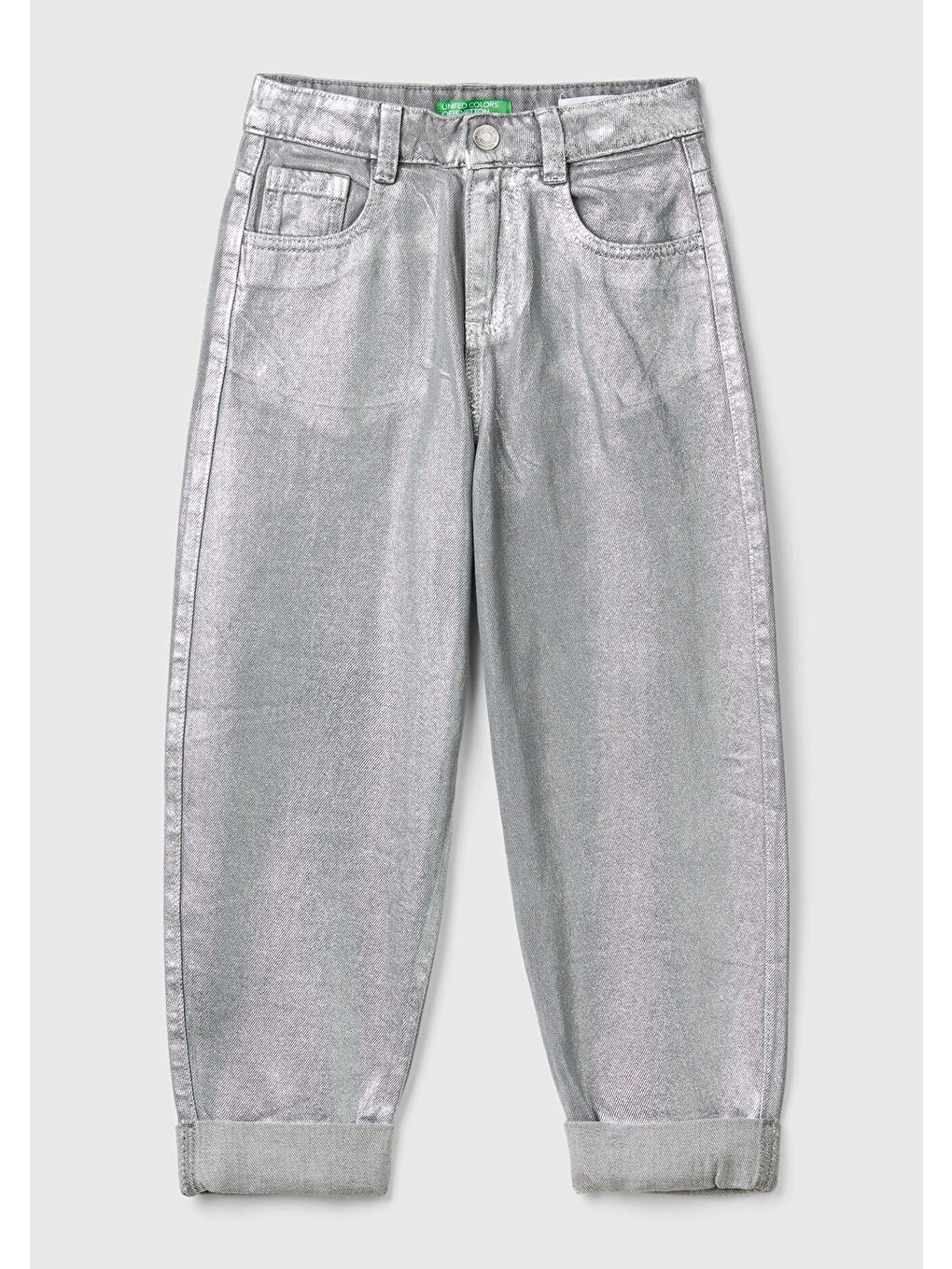 Gri Kız Çocuk Gümüş Arkası Logo Detaylı Kullanılmış Efektli Kıvrık Paça Pantolon