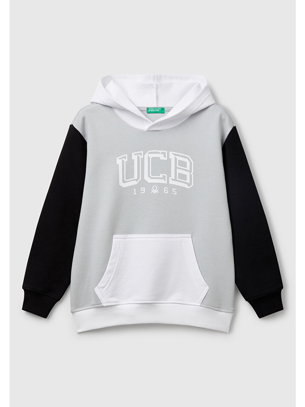 Erkek Çocuk Gri Benetton Logolu Kanguru Cepli Kapüşonlu Sweatshirt