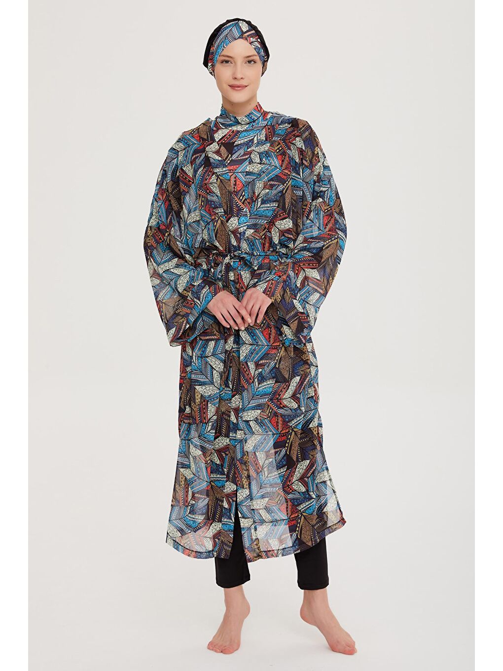 Siyah Tesettür Mayo Üzerine Tek Kaftan Kimono Pareo RP008 Tülay-4