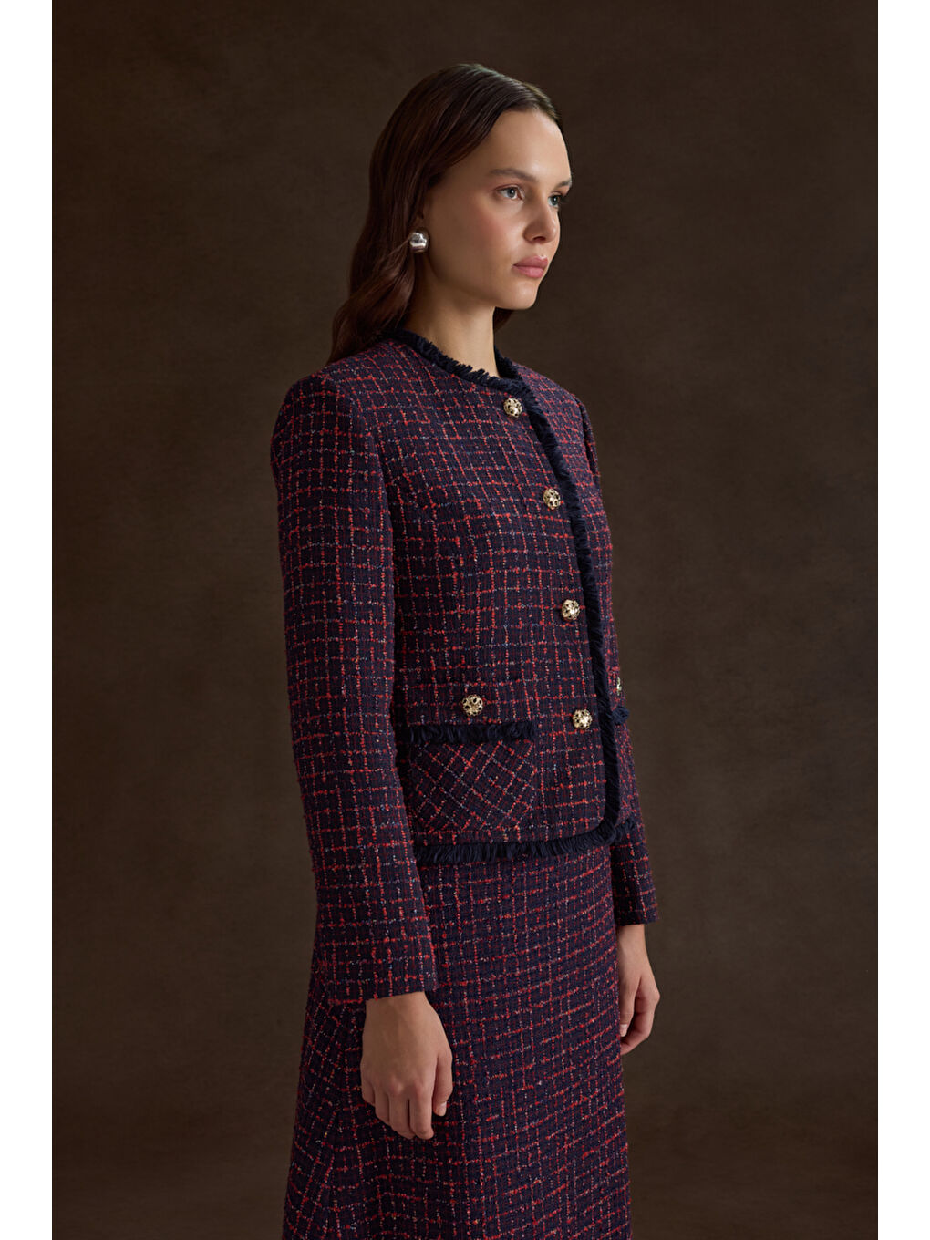 Lacivert Ekose Tweed Kumaş Evaze Etek