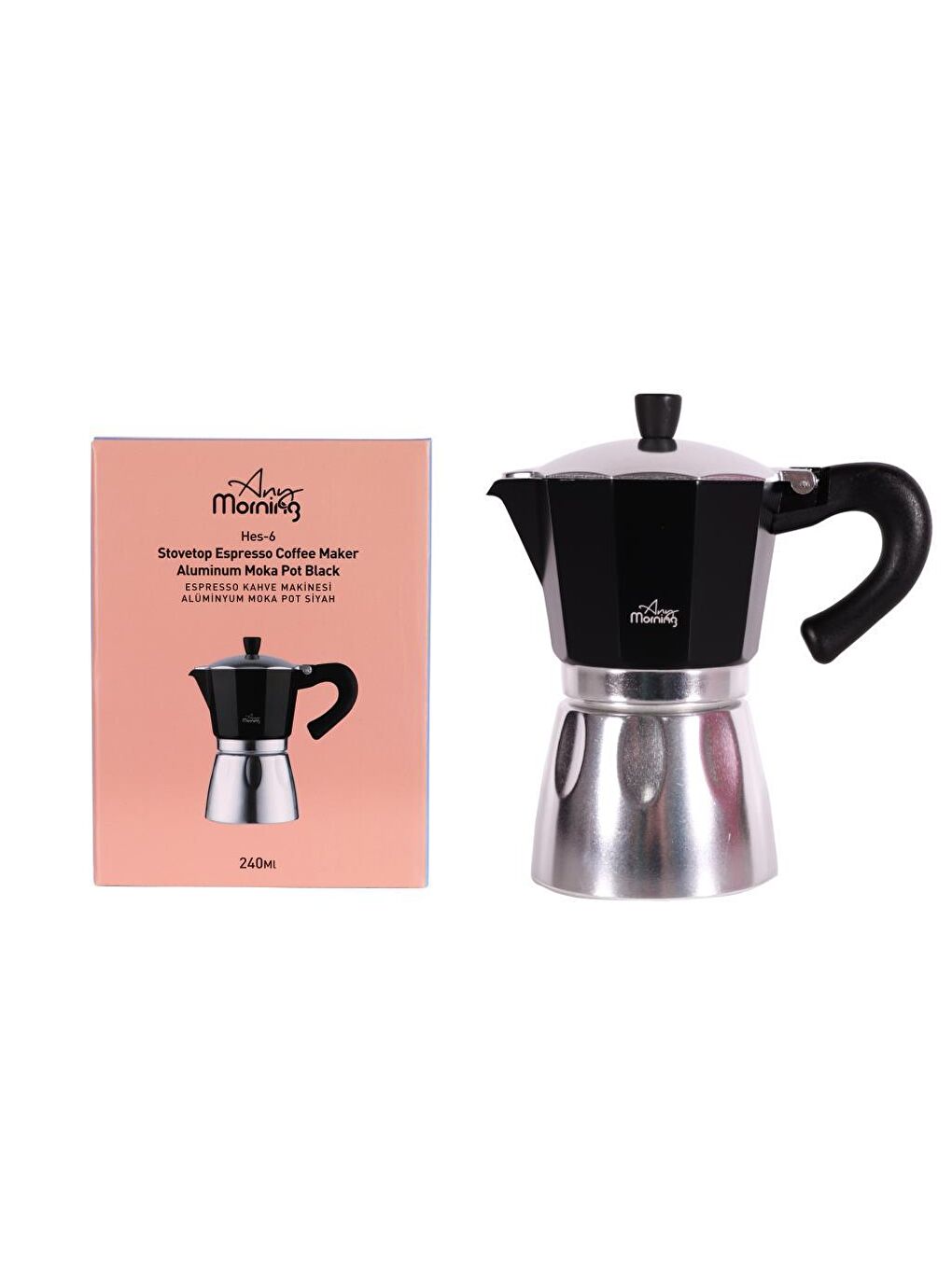 Any Morning Siyah Hes-6 Espresso Kahve Makinesi Alüminyum Moka Pot 240 Ml Siyah - 3