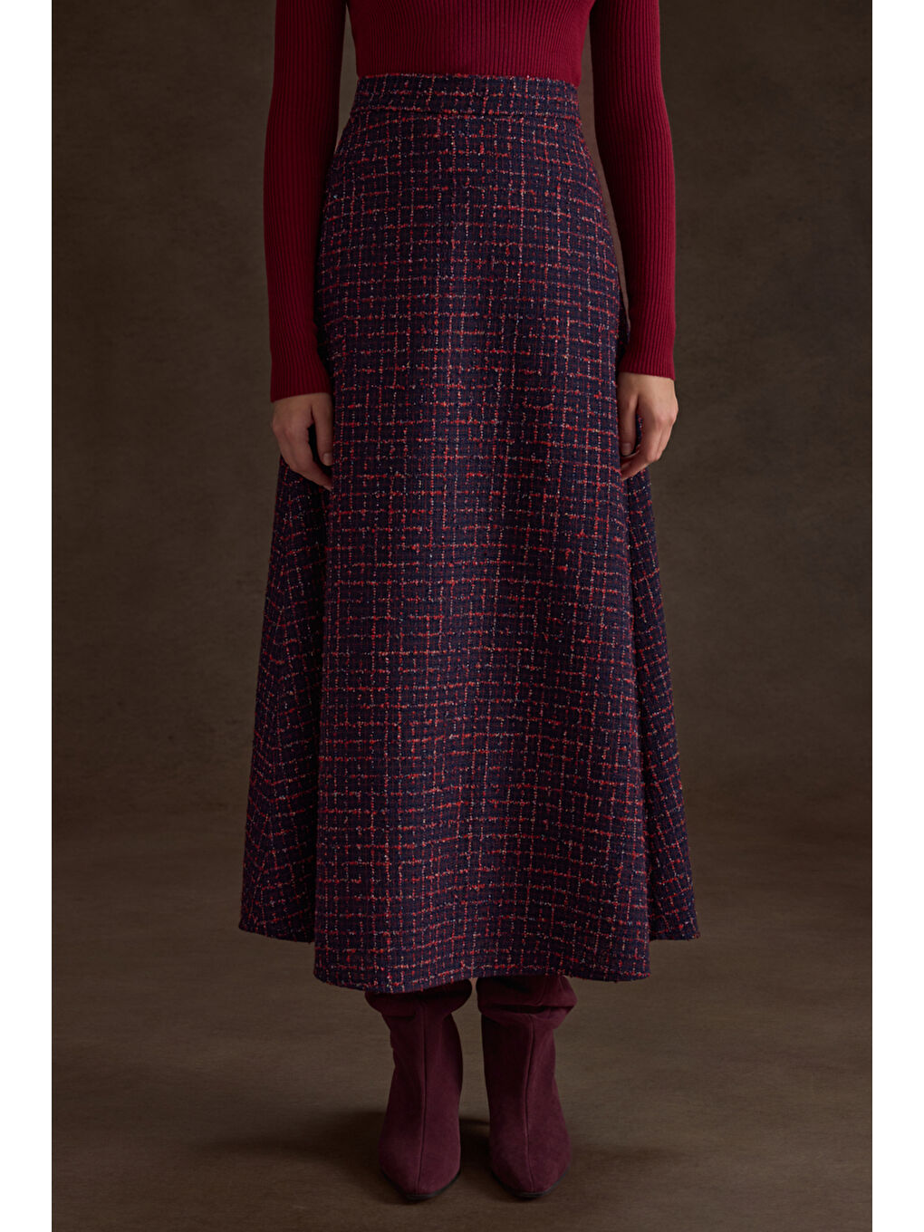 Lacivert Ekose Tweed Kumaş Evaze Etek-1