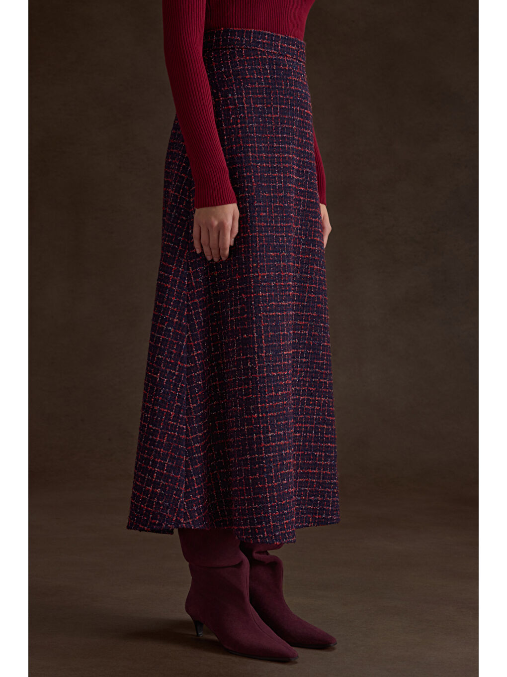 Lacivert Ekose Tweed Kumaş Evaze Etek-2