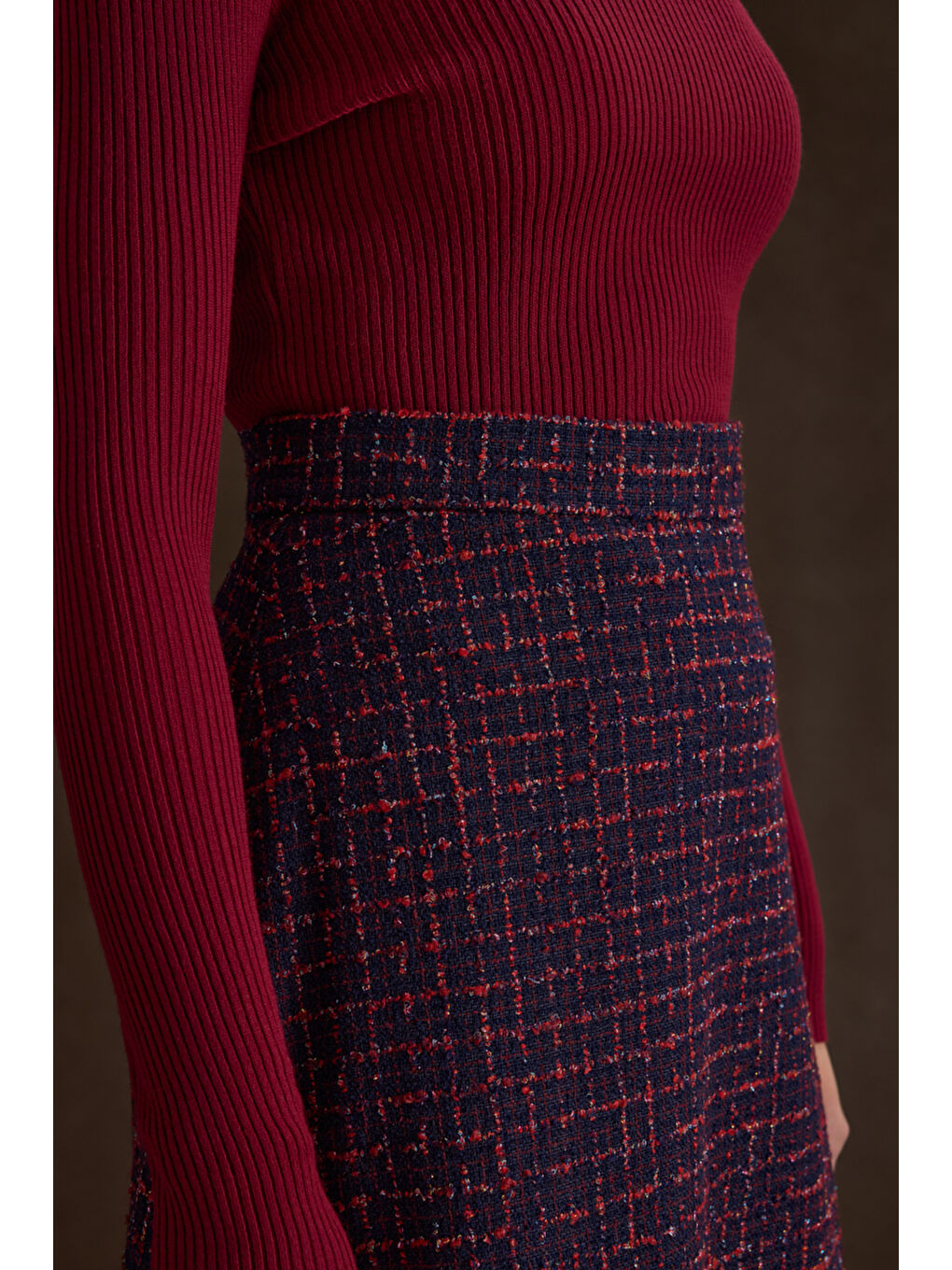 Lacivert Ekose Tweed Kumaş Evaze Etek-3