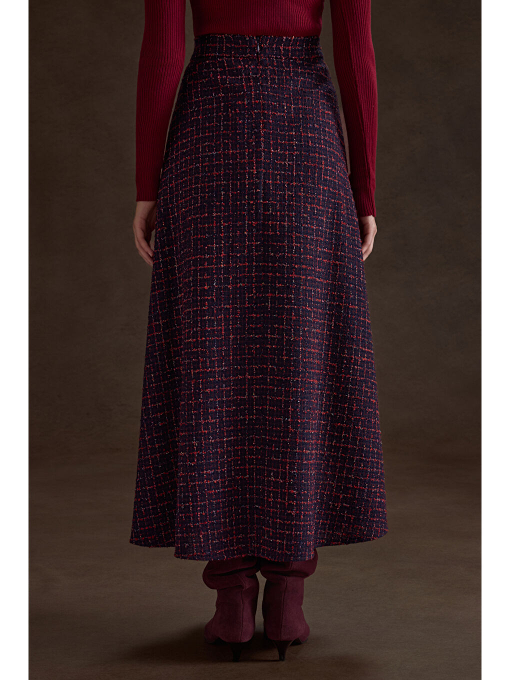 Lacivert Ekose Tweed Kumaş Evaze Etek-4