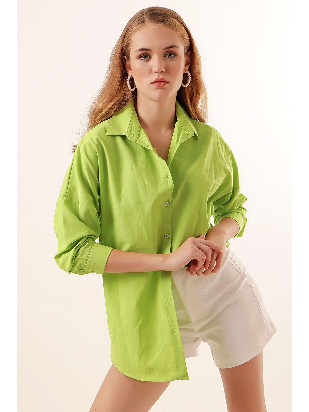 Bej 3900 Oversize Uzun Basic Gömlek - G.Yeşil