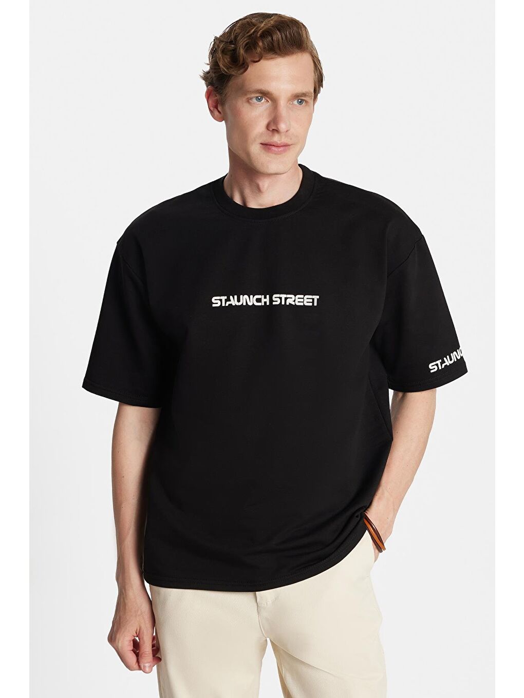 Erkek Oversize Geniş Kesim Pamuklu Baskılı Bisiklet Yaka Siyah Tişört