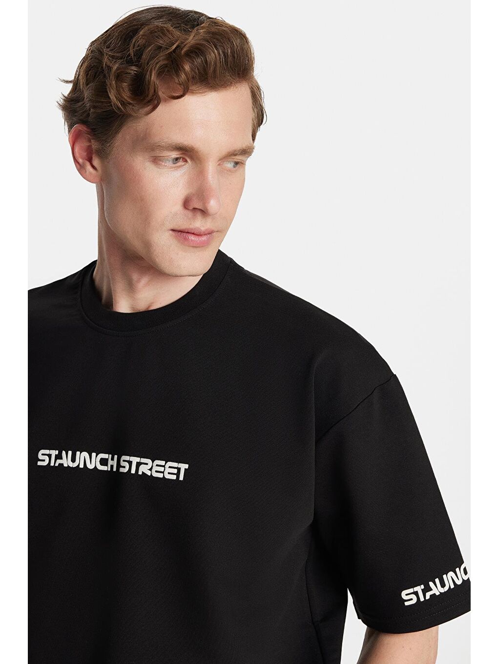 Erkek Oversize Geniş Kesim Pamuklu Baskılı Bisiklet Yaka Siyah Tişört-1