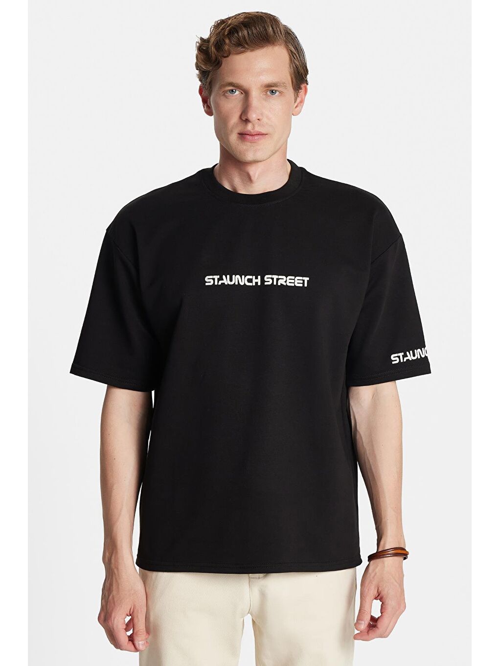 Erkek Oversize Geniş Kesim Pamuklu Baskılı Bisiklet Yaka Siyah Tişört-3