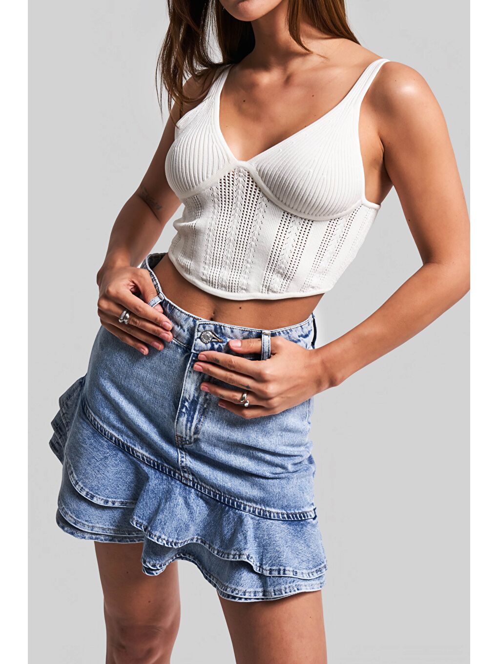 Mavi Kadın Snow Jean Rengi 3S5-27 Volanlı %100 Pamuk Tasarım Denim Mini Etek-2