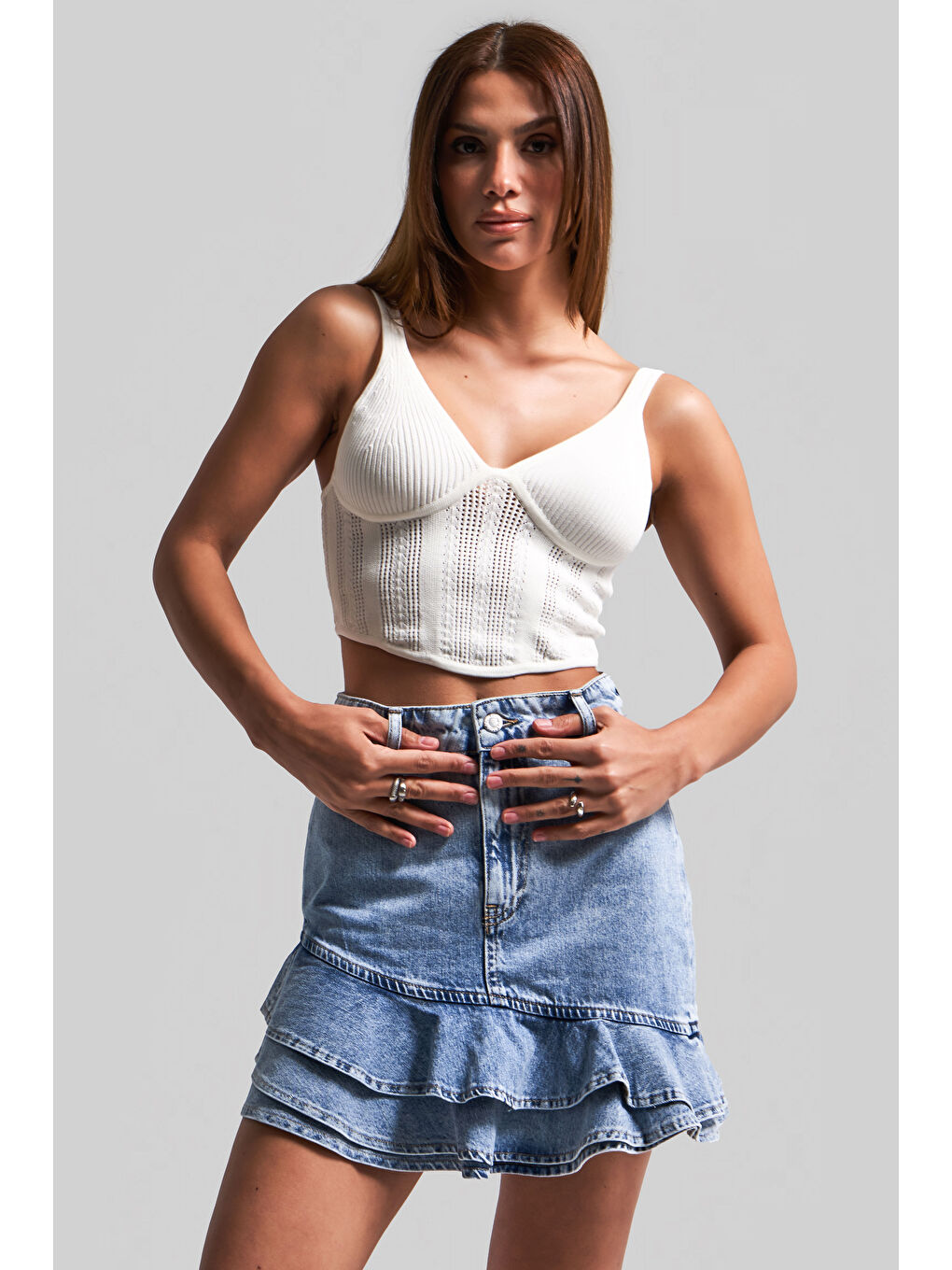 Mavi Kadın Snow Jean Rengi 3S5-27 Volanlı %100 Pamuk Tasarım Denim Mini Etek-4