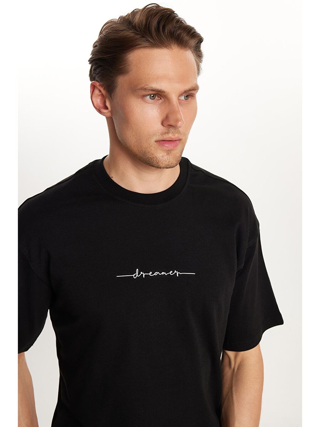 Erkek Slim Fit Dar Kesim Pamuklu Baskılı Siyah Bisiklet Yaka Tişört