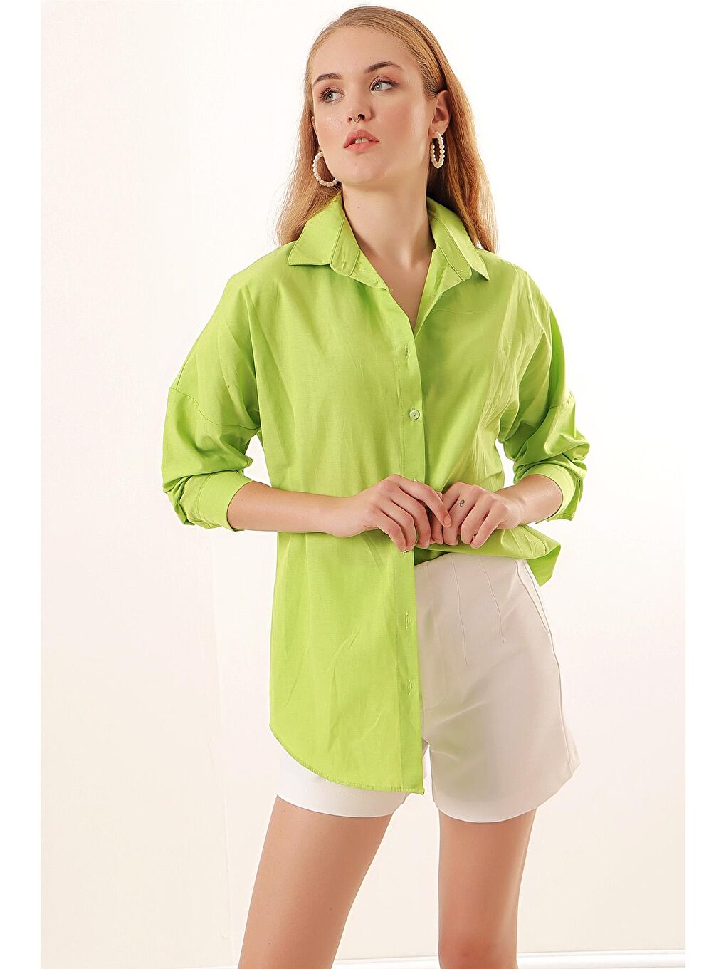 Bej 3900 Oversize Uzun Basic Gömlek - G.Yeşil-2