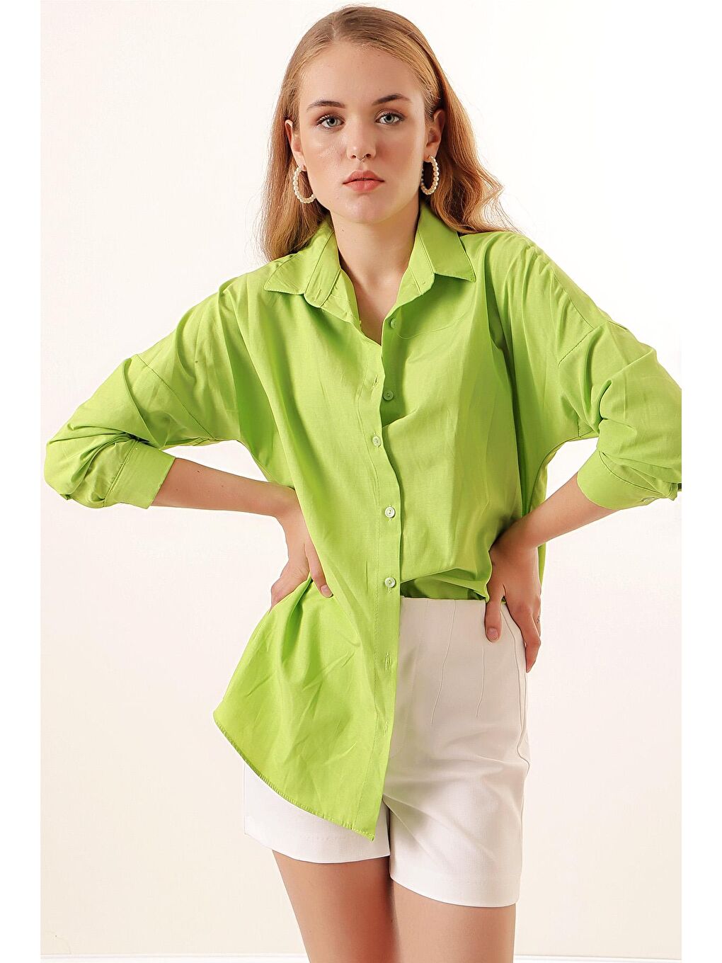 Bej 3900 Oversize Uzun Basic Gömlek - G.Yeşil-3