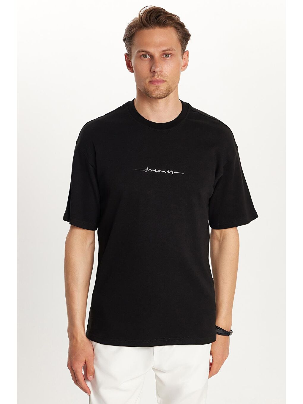 Erkek Slim Fit Dar Kesim Pamuklu Baskılı Siyah Bisiklet Yaka Tişört-3