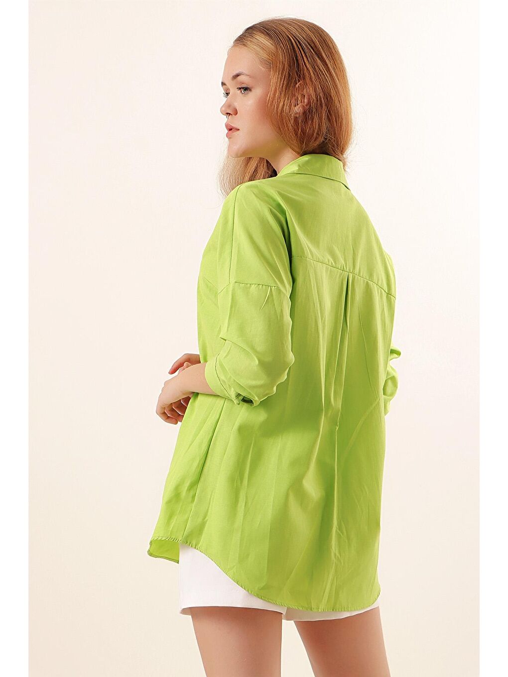 Bej 3900 Oversize Uzun Basic Gömlek - G.Yeşil-4