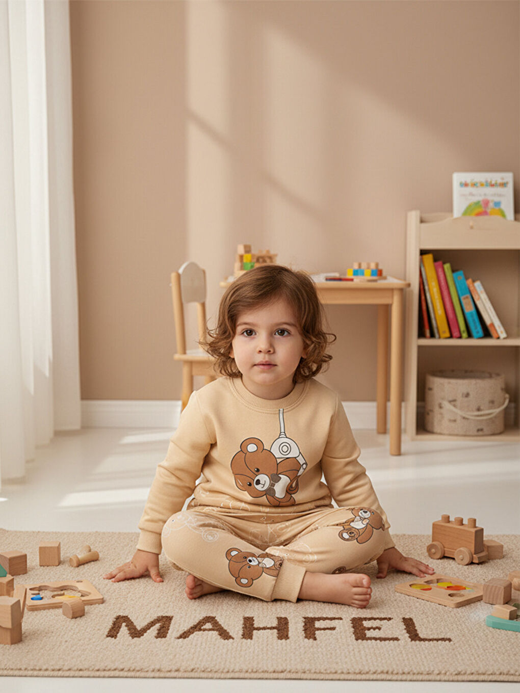 Ekru Premium Pamuklu Krem Ayıcıklı Çocuk Pijama Takımı 1-6 Yaş-1