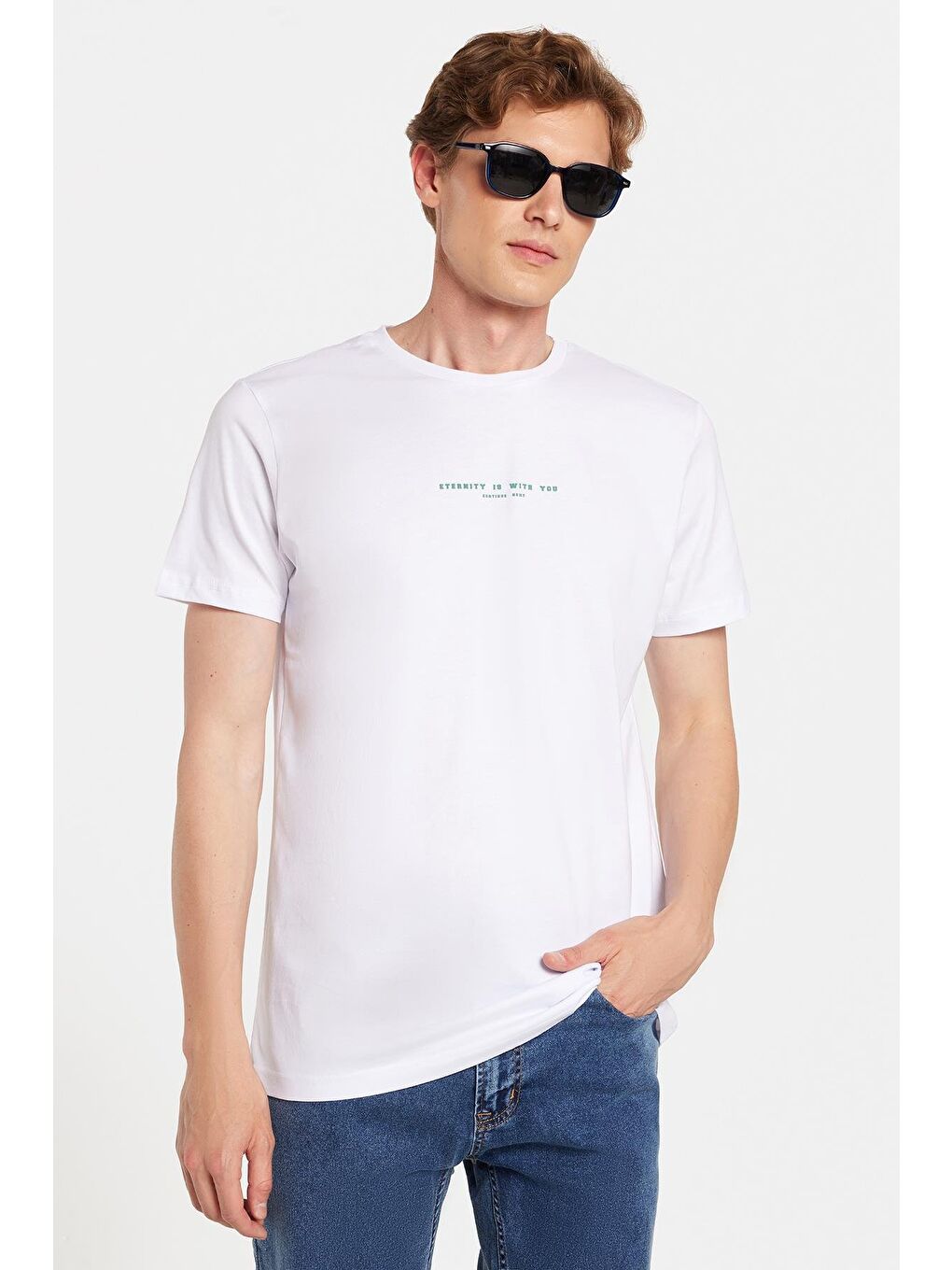 Erkek Slim Fit Dar Kesim %100 Pamuk Yumuşak Dokulu Baskılı Beyaz Bisiklet Yaka Tişört-3