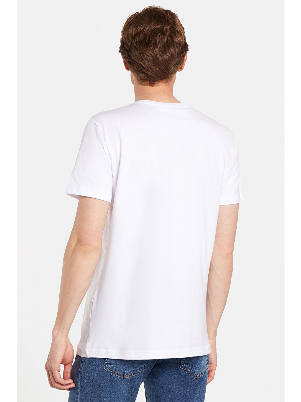 Erkek Slim Fit Dar Kesim %100 Pamuk Yumuşak Dokulu Baskılı Beyaz Bisiklet Yaka Tişört-4