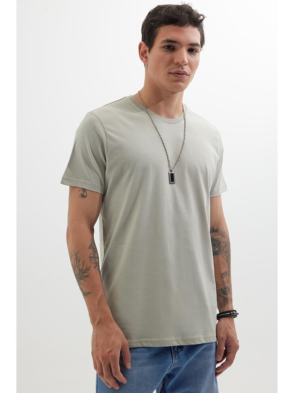 Unisex Slim Fit Dar Kesim %100 Pamuk Yumuşak Dokulu Gri Bisiklet Yaka Tişört-4