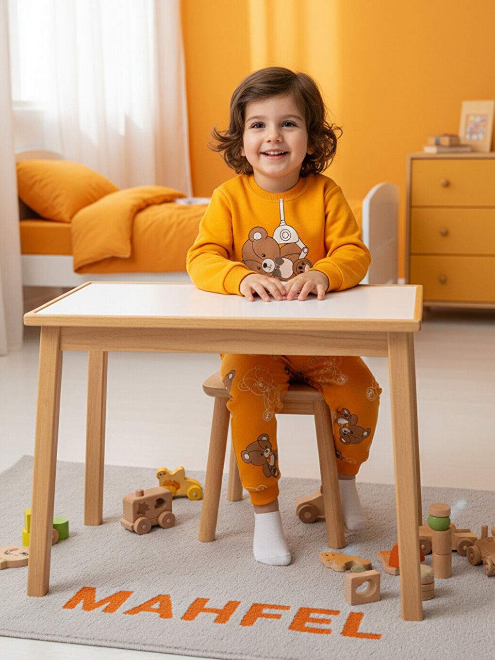 Premium Turuncu Ayıcıklı Çocuk Pijama Takımı 1-6 Yaş-1