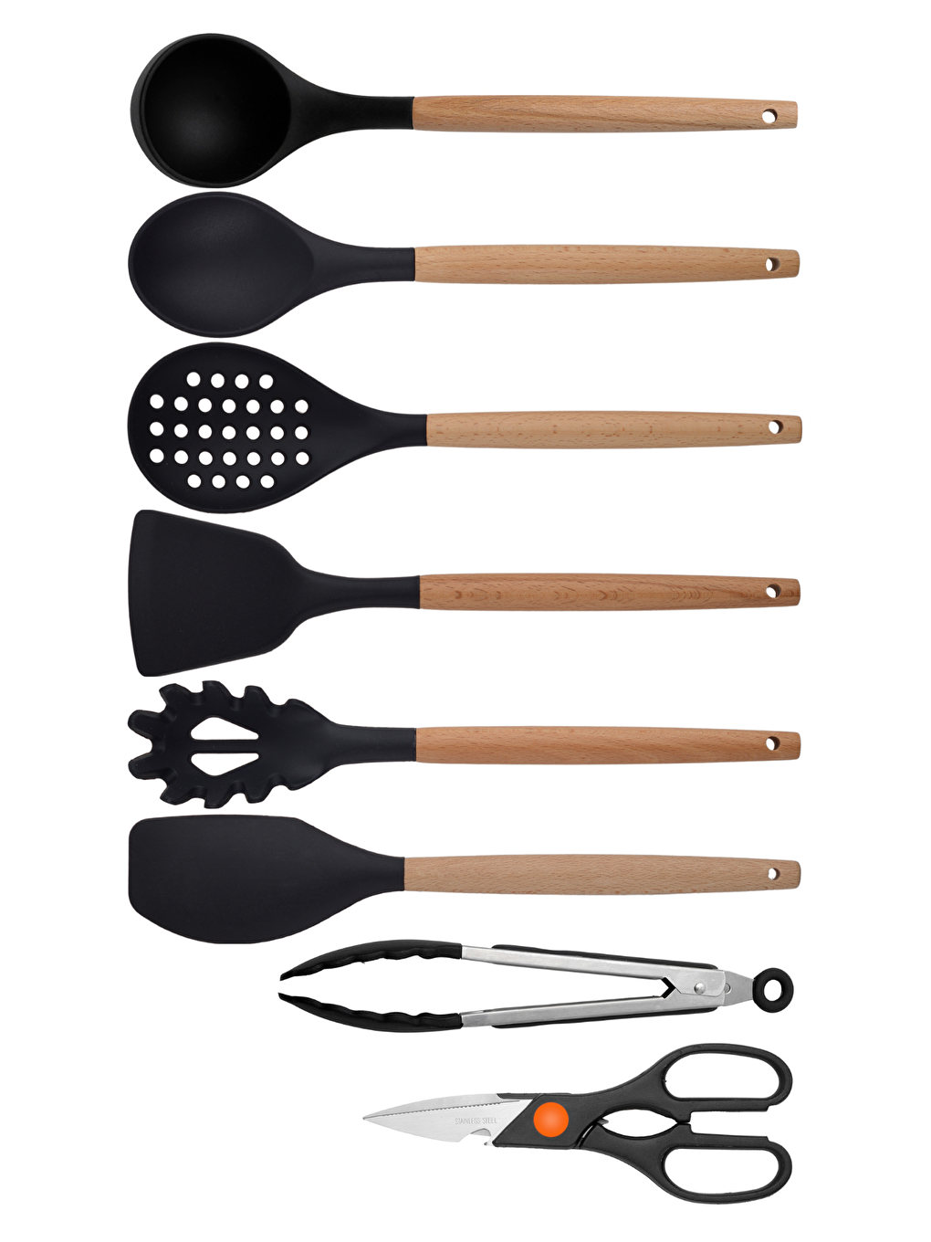 Kitchen Design Lab Koyu Siyah Siyah Bambu Silikon - Kepçe, Kaşık, Kevgir, Makarna, Açılı - Düz Spatula, Metal Maşa, Makas 8 li Set