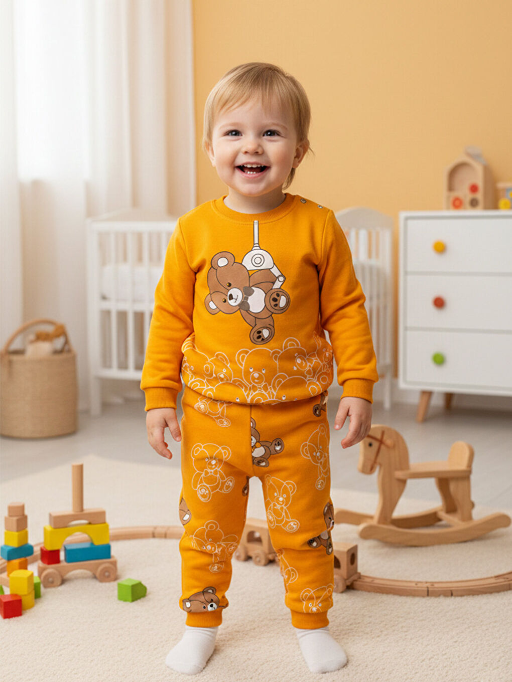 Premium Turuncu Ayıcıklı Çocuk Pijama Takımı 1-6 Yaş-3